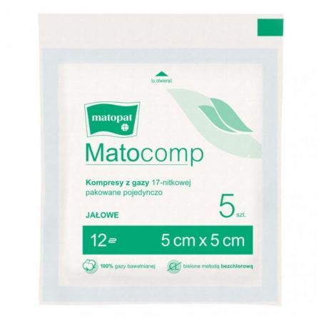 Kompresy z gazy bawełnianej Matocomp, jałowe, 17-nitkowe, 12-warstwowe, 5cmx5cm, 5 sztuk