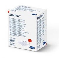 Kompresy z gazy bawełnianej Sterilux, jałowe, 17 nitkowe, 12-warstwowe, 5cmx5cm, 25 sztuk