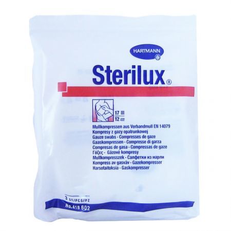 Kompresy z gazy bawełnianej Sterilux, jałowe, 17 nitkowe, 12-warstwowe, 5cmx5cm, 3 sztuki
