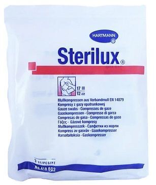 Kompresy z gazy bawełnianej Sterilux, jałowe, 17 nitkowe, 12-warstwowe, 7,5cmx7,5cm, 3 sztuki