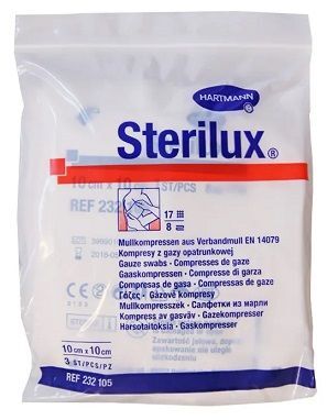 Kompresy z gazy bawełnianej Sterilux, jałowe, 17 nitkowe, 8-warstwowe, 10cmx10cm, 3 sztuki
