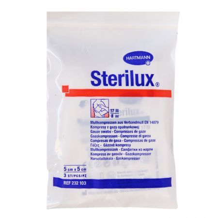 Kompresy z gazy bawełnianej Sterilux, jałowe, 17 nitkowe, 8-warstwowe, 5cmx5cm, 3 sztuki
