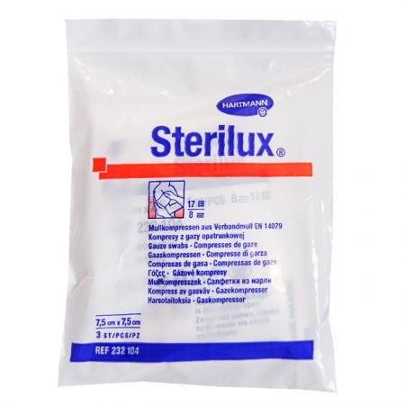 Kompresy z gazy bawełnianej Sterilux, jałowe, 17 nitkowe, 8-warstwowe, 7,5cmx7,5cm, 3 sztuki