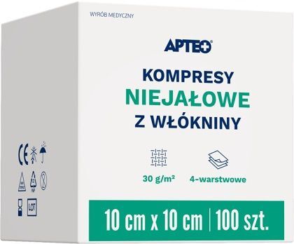 Kompresy z włókniny Apteo, niejałowe, 4-warstwowe, 10cmx10cm, 100 sztuk