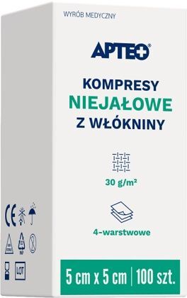 Kompresy z włókniny Apteo, niejałowe, 4-warstwowe, 5cmx5cm, 100 sztuk