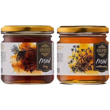 Krupiec, zestaw dwóch miodów, miód leśny, 220g + miód wielokwiatowy, 220g