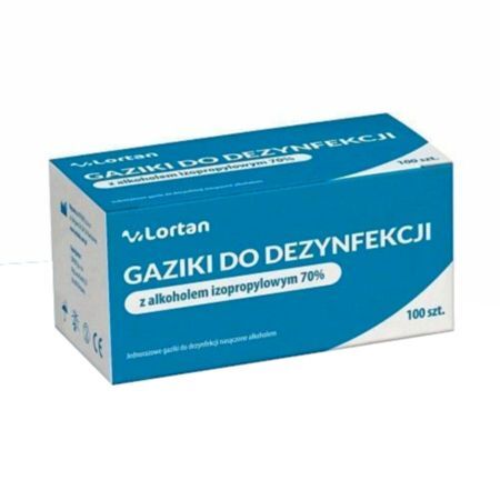 Lortan, gaziki do dezynfekcji z alkoholem izopropylowym 70%, 100 sztuk