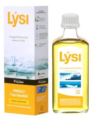 Lysi, Tran Islandzki z wątroby dorsza, smak cytrynowy, 240ml