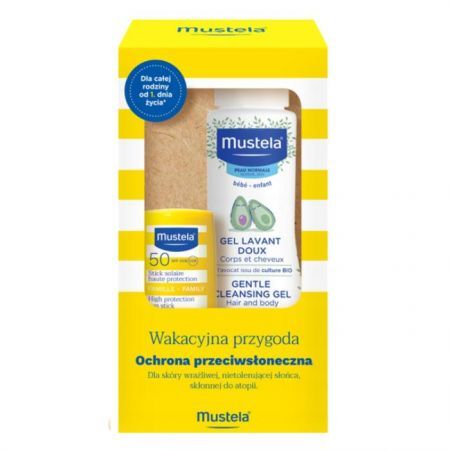 Mustela Bebe Enfant, Wakacyjna przygoda, sztyft przeciwsłoneczny SPF 50 do twarzy, 9ml + delikatny żel do mycia, 100ml