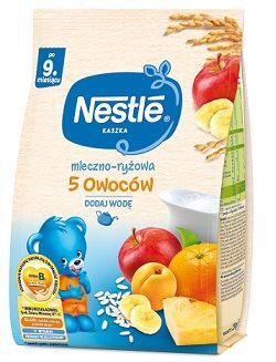 Nestle, kaszka mleczno-ryżowa, 5 owoców, po 9 miesiącu, 230g
