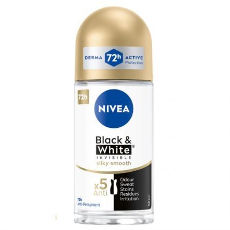 Nivea Black & White Invisible, antyperspirant roll-on, 72h, Silky Smooth, 50ml