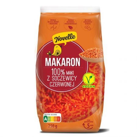 Novelle, makaron z soczewicy czerwonej, świderki, proteinowy, 250g