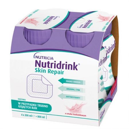 Nutridrink Skin Repair, produkt odżywczy wysokoenergetyczny, smak truskawkowy, płyn, 4x200ml