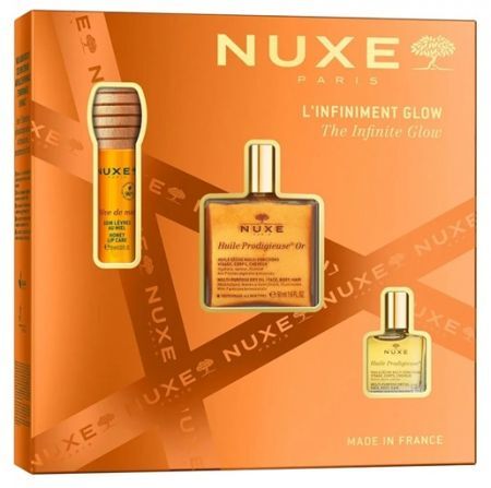 Nuxe The Infinity Glow, Huile Prodigieuse Or, suchy olejek ze złotymi drobinkami, 50ml + suchy olejek, 10ml + Reve De Miel, olejek do ust, 10ml