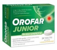 Orofar Junior (1mg+1mg), dla dorosłych i dzieci po 6 roku życia, smak pomarańczowy, 24 tabletki do ssania