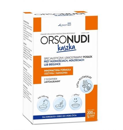 OrsoNudi, lekkostrawna kaszka stosowana przy nudnościach, mdłościach lub biegunce, dla dorosłych i dzieci od 3 roku życia, 5 saszetek po 40g