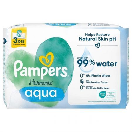 Pampers Harmonie Aqua, chusteczki nawilżane dla niemowląt, 3 opakowania po 48 sztuk