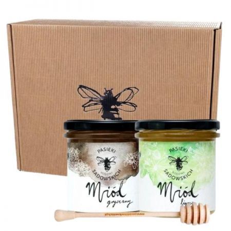 Pasieki Rodziny Sadowskich, zestaw dwóch miodów, miód lipowy, 450g + miód gryczany, 450g + drewniana łyżeczka