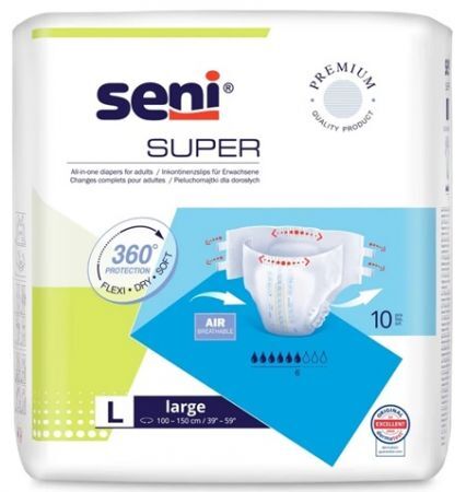Pieluchomajtki Seni Super, rozmiar L, chłonność 6, nowa wersja, 10 sztuk