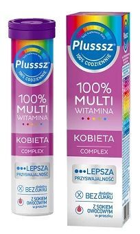 Plusssz 100% Multiwitamina Kobieta Complex, smak malinowo-pomarańczowy, 20 tabletek musujących