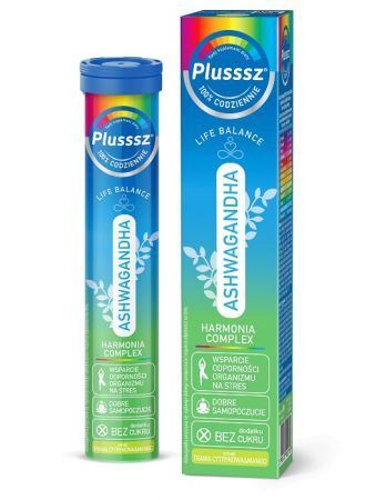 Plusssz Ashwagandha 100% Harmonia Complex, smak trawa cytrynowa - mango, 24 tabletki musujące