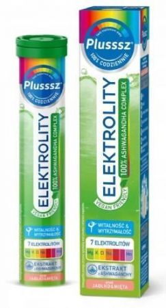 Plusssz Elektrolity 100% Ashwagandha Complex, smak jabłko-mięta, 24 tabletki musujące