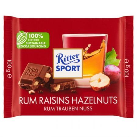 Ritter Sport, Rum Raisins Hazelnuts, czekolada mleczna z rodzynkami w rumie Jamaica z siekanymi orzechami laskowymi 100g