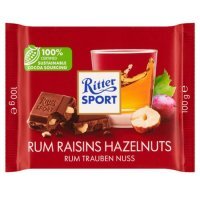 Ritter Sport, Rum Raisins Hazelnuts, czekolada mleczna z rodzynkami w rumie Jamaica z siekanymi orzechami laskowymi 100g