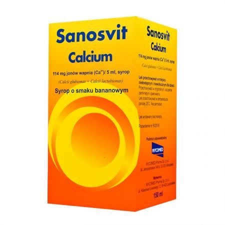 Sanosvit Calcium 114mg Ca2+/5ml, syrop o smaku bananowym, 150ml