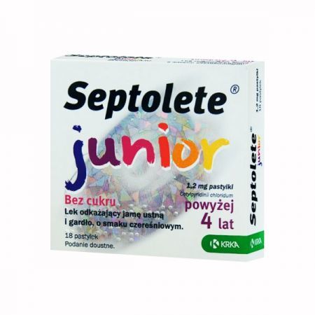Septolete Junior 1,2mg, bez cukru, smak czereśniowym, po 4 roku życia, 18 pastylek do ssania