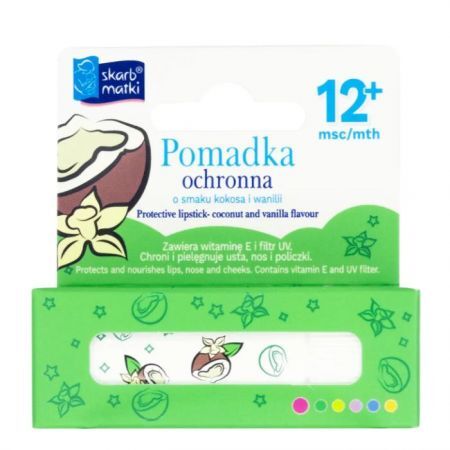 Skarb Matki, pomadka ochronna z filtrem UV, smak kokos i wanilia, po 1 roku życia, 6,5g