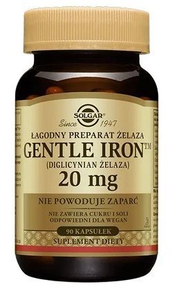 Solgar Gentle Iron, diglicynian żelaza 20mg, 90 kapsułek