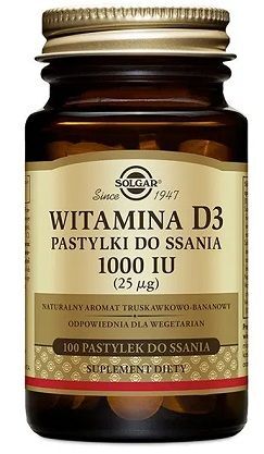 Solgar Witamina D3 1000 IU (25mcg), smak truskawkowo-bananowy, 100 pastylek do ssania