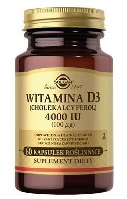 Solgar Witamina D3 (Cholekalcyferol) 4000 IU (100mcg), 60 kapsułek