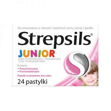 Strepsils Junior (0,6mg+1,2mg), smak truskawkowy, dla dzieci po 6 roku życia, 24 pastylki do ssania