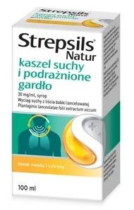 Strepsils Natur kaszel suchy i podrażnione gardło 30mg/ml, syrop, smak miodu i cytryny, po 3 roku życia, 100ml