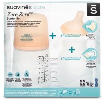 Suavinex, Zero Zero, Zestaw Startowy, butelka, 180ml + smoczek na butelkę, regulowany przepływ + silikonowa torebka, od urodzenia, 1 opakowanie