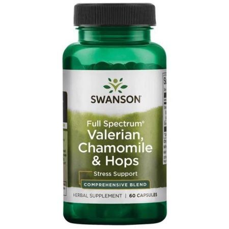 Swanson, Full Spectrum Valerian, Chamomile & Hops, kozłek, rumianek i chmiel, 60 kapsułek