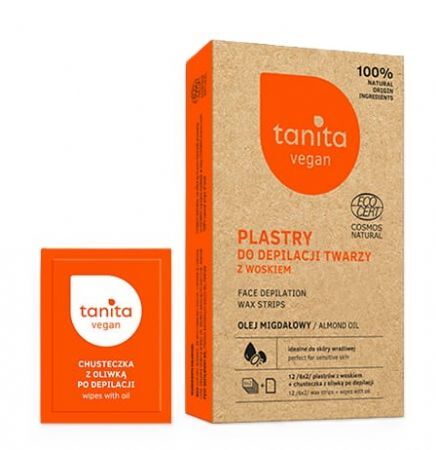 Tanita vegan, plastry z woskiem do depilacji twarzy, olej migdałowy, 12 sztuk