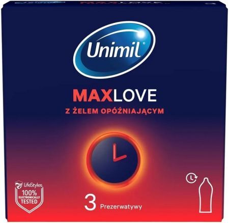 Unimil, prezerwatywy lateksowe Max Love, z żelem opóźniającym, 3 sztuki