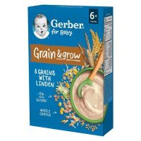 USZKODZONE OPAKOWANIE Gerber for Baby, Grain & Grow, kaszka bezmleczna 8 zbóż z lipą, po 6 miesiącu, 200g