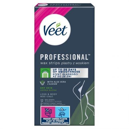 Veet Professional, plastry z woskiem do depilacji ciała, skóra sucha, ekstrakt z aloesu, 12 sztuk