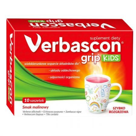 Verbascon Grip Kids, proszek, smak malinowy, po 3 roku życia, 10 saszetek