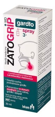 Zatogrip MD Gardło, spray do jamy ustnej i gardłam, smak maliny i mięty, po 3 roku życia, 30ml